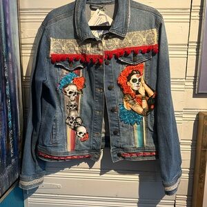 Unique Denim Jacket with Skull and Floral Design